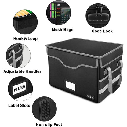 Boîte à documents ignifuge avec serrure, boîte de rangement de fichiers avec poches en filet, armoire de classement portable pliable