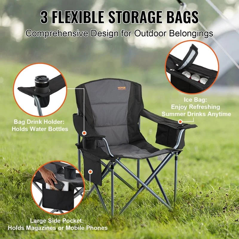 VEVOR Camping Folding Chair for Adults, Portable Heavy Duty Outdoor Quad Lumbar Back Padded Arm , Cup Holdach, Lawn, Picnic