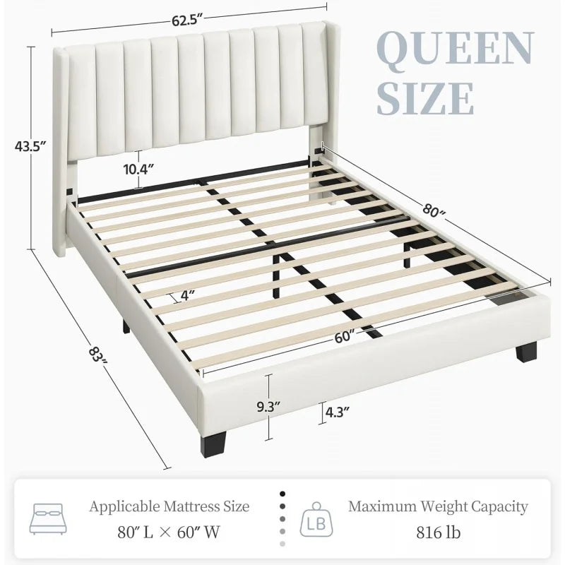 Lit plateforme rembourré à cadre Queen avec tête de lit en tissu, design à bords ailés/antidérapant et sans bruit/lattes en bois