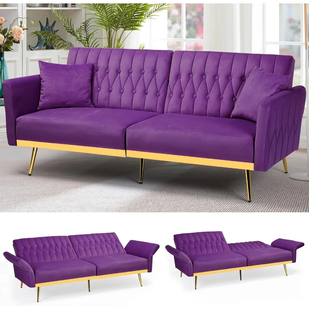 Canapé-lit futon en velours de 70 po avec dossiers et accoudoirs réglables, canapé-lit futon convertible avec deux oreillers, lit-lit capitonné