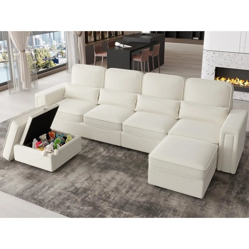 Living Room Sofa, 6 Seats U-Shaped Convertible Couch with Reversible Chaise, Modular Sofa with Pillows & Storage Ottoman, Beige