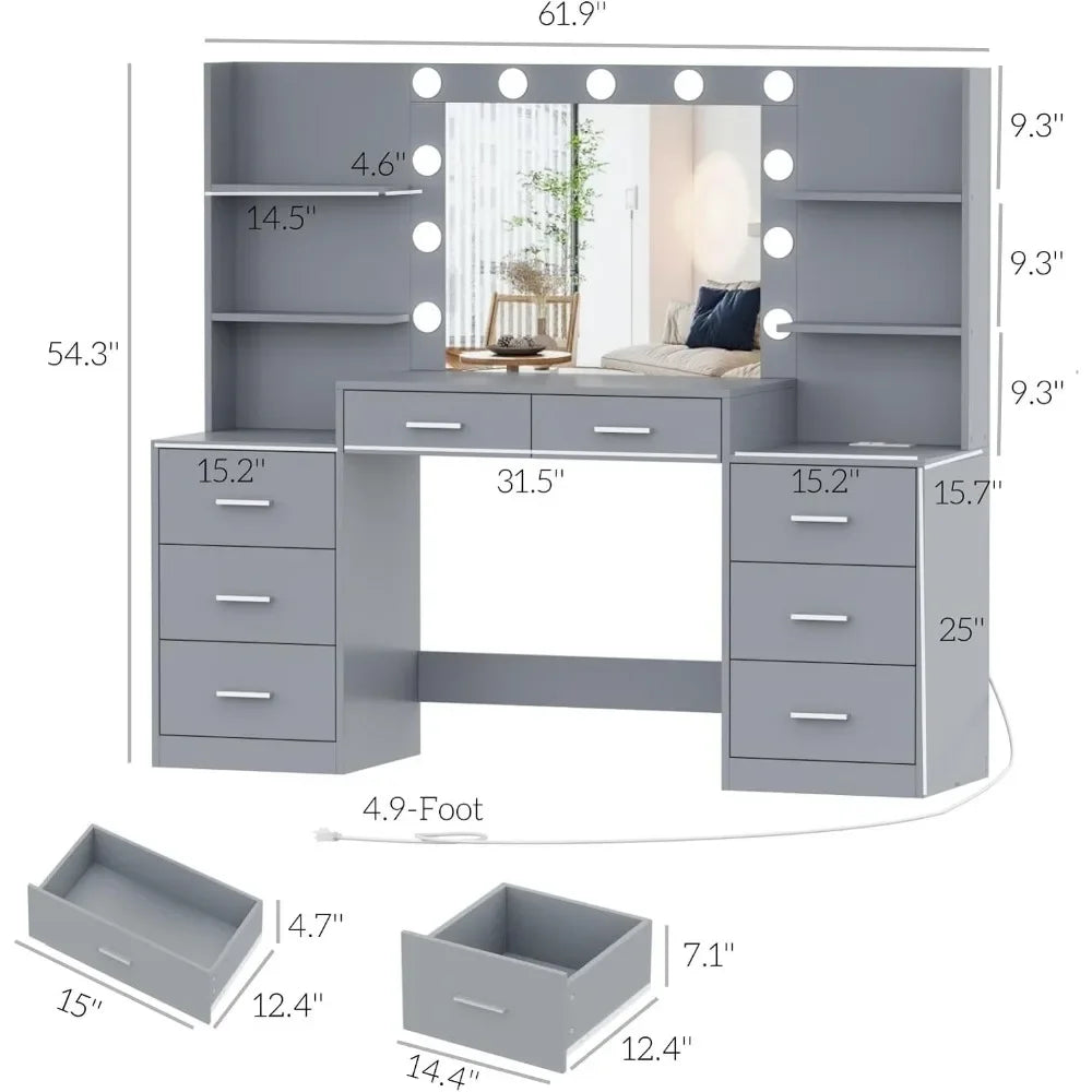 Coiffeuse avec miroir et lumières, avec multiprise, 3 modes d'éclairage, luminosité réglable, grand tiroir et six rangements ouverts