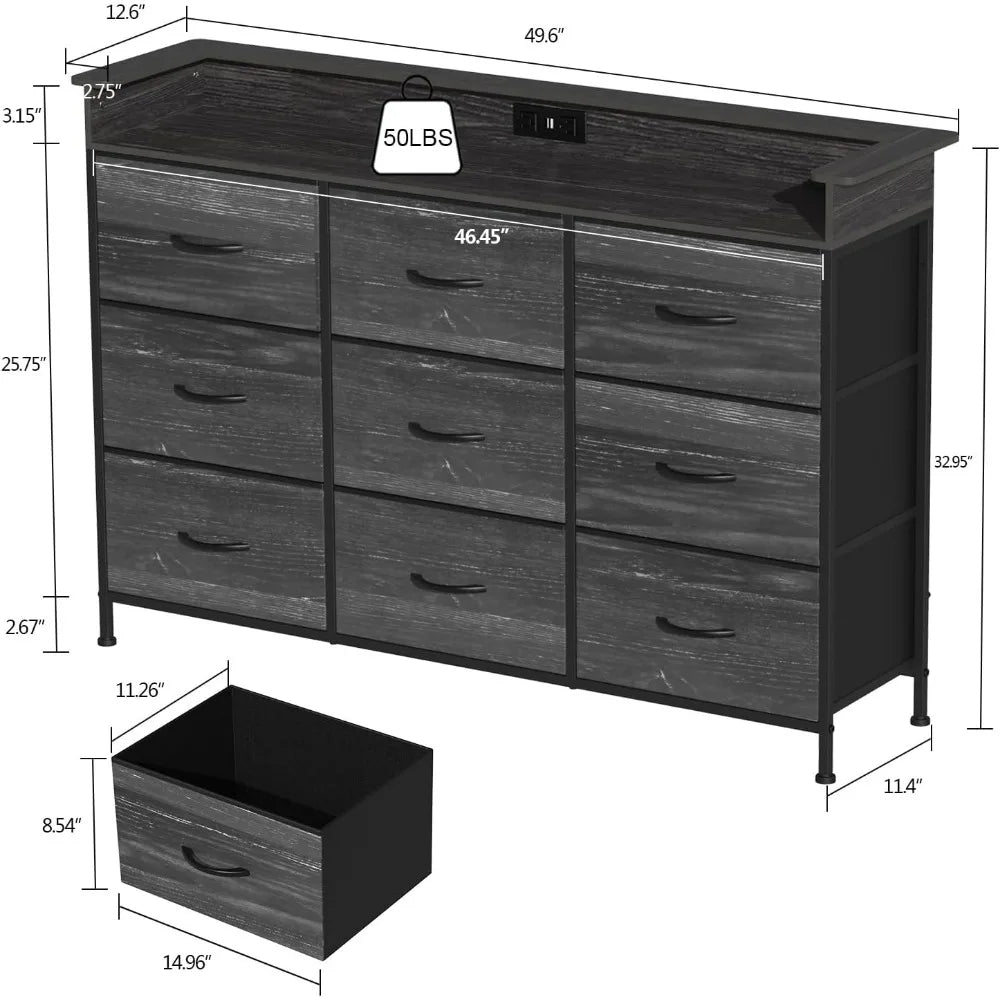 White Dresser with LED Light for Bedroom 9 Drawer Dressers with Charging Station Chests of Drawers Steel Frame Wooden Top