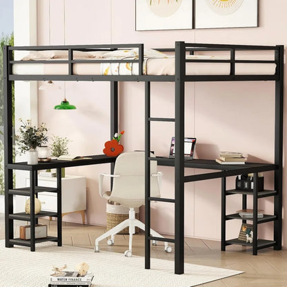 Full Size Loft Bed with Desk and Storage Shelves, Heavy Duty Metal Loft Bed with L-Shaped Desk and Ladder, Full Size Loft Bed