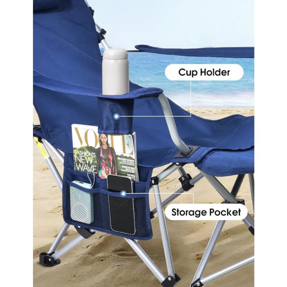 Silla de playa reclinable con toldo y reposapiés, silla de playa con dosel, bolsillo de almacenamiento para acampar, playa, portones traseros, pesca