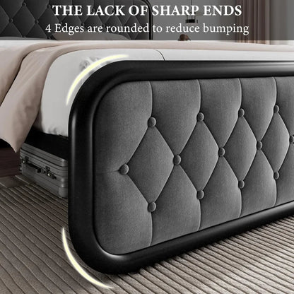 Metal Bed Frame, Button Tufted Headboard, Heavy Duty Platform Bed Frame, Thickened Metal Steel Slat Support