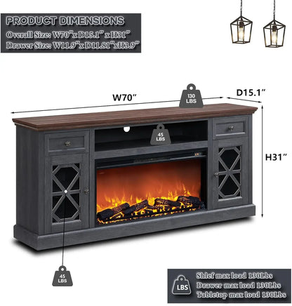 Farmhouse Fireplace TV Stand with 36" Electric Fireplace for 80 Inch TVs, 31" Tall Entertainment Center w/Drawer