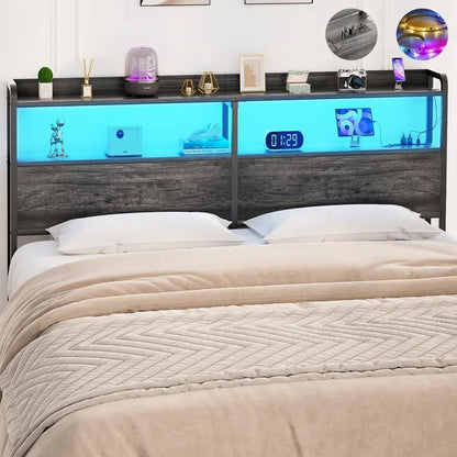 Headboard for Queen Size Bed Frame, Headboards with Outlets, USB Ports and LED Light, Head Board with Storage, Height A