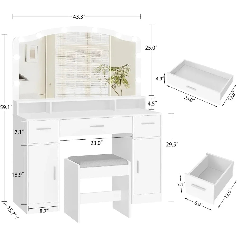 Mesa de maquillaje Tocador de maquillaje con luces Mesa de maquillaje 2 gabinetes y estante de almacenamiento largo Mueble de baño 10 luces LED Escritorio blanco