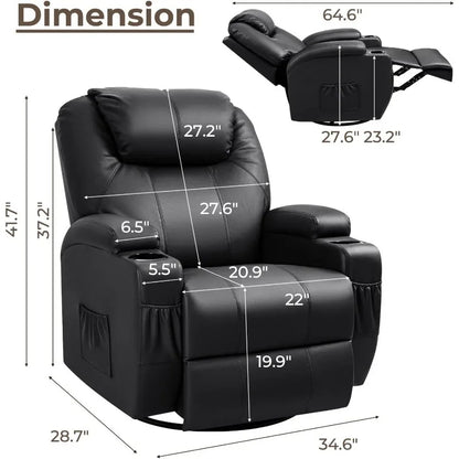 Fauteuil à bascule inclinable avec massage et chaleur pour personnes âgées, canapé à bascule pivotant à 360 ° en cuir réglable pour le salon