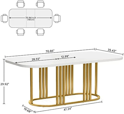 Dining Table for 6, 71” Modern Kitchen Table, Rectangular Dining Room Table with Heavy Duty Metal Frame (White/Gold)