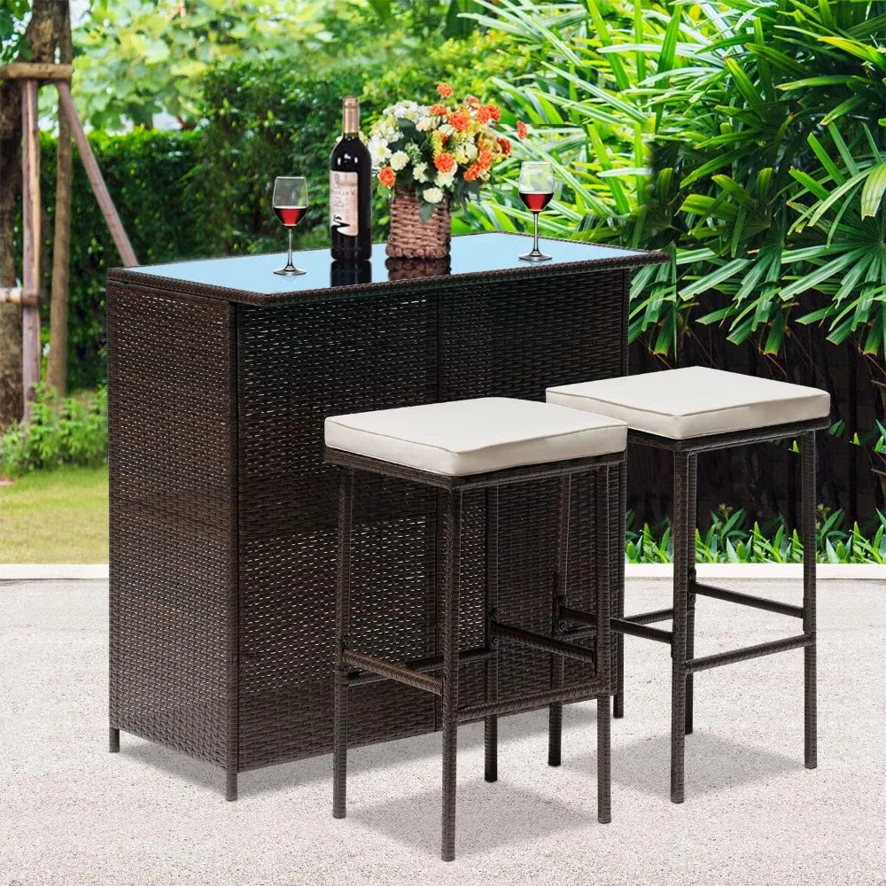 3PCS Patio Bar Set Outdoor Furniture Set Wicker Bistro Set With Two Stools for Patio Backyard Balcony Garden Furniture Sets