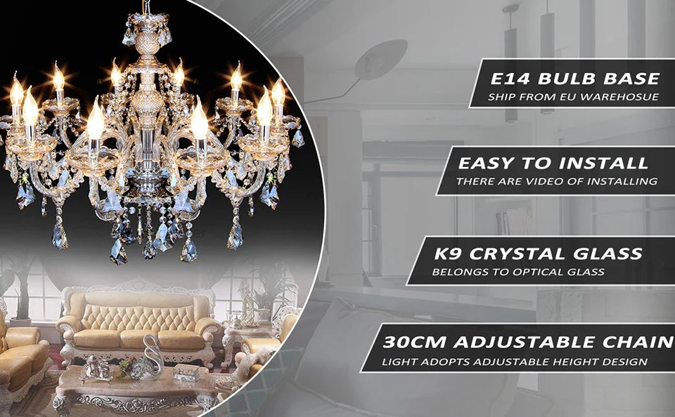 TRY-YEAN 10 Lights Crystal Glass Chandelier Transparent Cognac Color Glass Hanging Lamp For Living Room Bedroom Room Lobby Decro