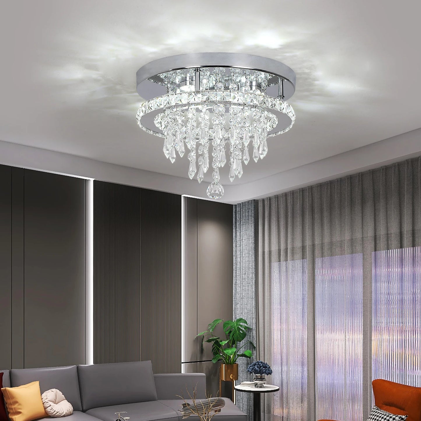 Modern Lustres K9 Crystal Chandelier Ceiling Lamps 3 Rings Stainless Steel Hanging Light Fixture Led Pendant Lamp Home Appliance