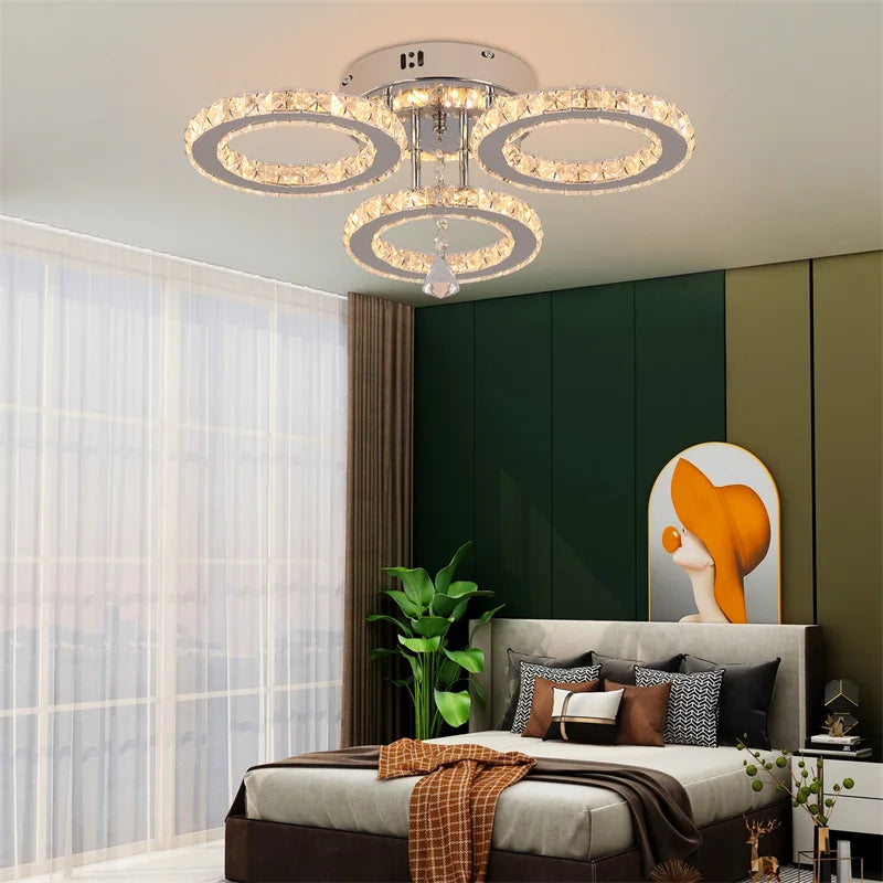 Crystal 5-Ring Fan Light Living Room Ceiling Light Stainless Steel Fixture Fandelier Plafon Fan Lamps Luminaire Led Chandelier