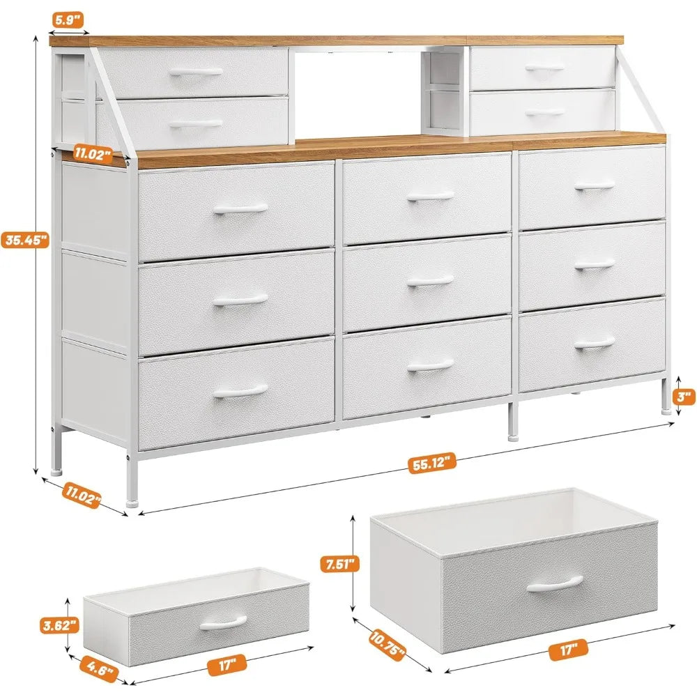 Commode blanche de 55 po de largeur, commode pour chambre à coucher, commode avec 13 grands tiroirs, commodes et coffres à tiroirs, commode blanche pour chambre à coucher