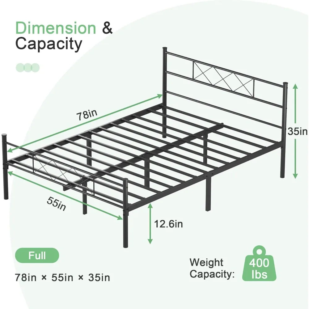 Full Size Bed Frame with Headboard, Heavy-Duty Platform/Mattress Foundation with Metal Slats Support, No Box Spring Needed