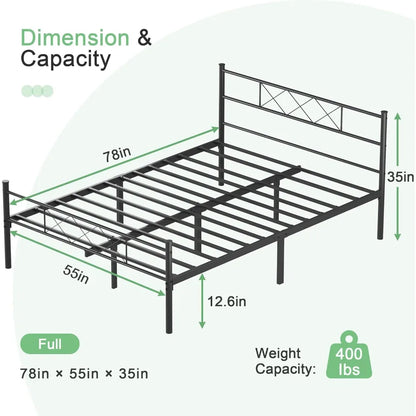 Cadre de lit double avec tête de lit, sommier à plateforme/matelas robuste avec support à lattes métalliques, aucun sommier nécessaire