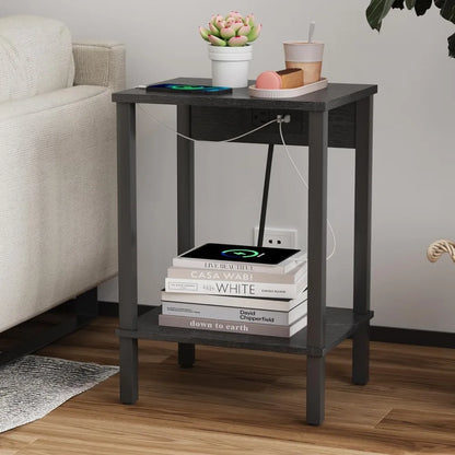 2 Piece Side Table Set with Charging Station, with USB Port, 2 Tier Storage Shelf Nightstand, Living Room Side Tables Set of 2