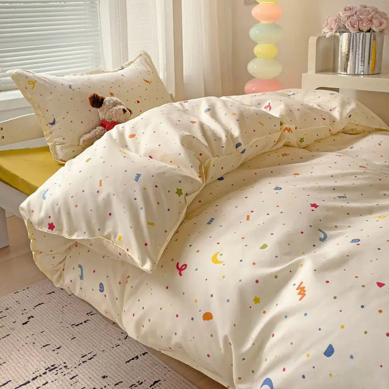 Parure de lit mignonne avec dessin animé, sans remplissage, housse de couette double, drap plat, taie d'oreiller, pour filles et garçons, linge de lit en polyester doux et fin