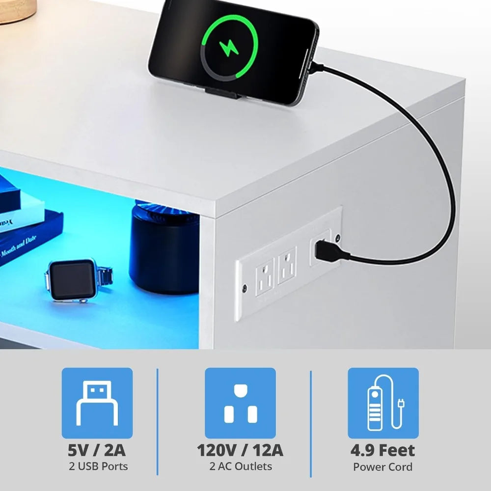 Ensemble de 2 tables de chevet à LED avec station de charge, étagère ouverte, 2 tiroirs, port USB, lumière 16 couleurs, table de chevet LED intelligente haute brillance