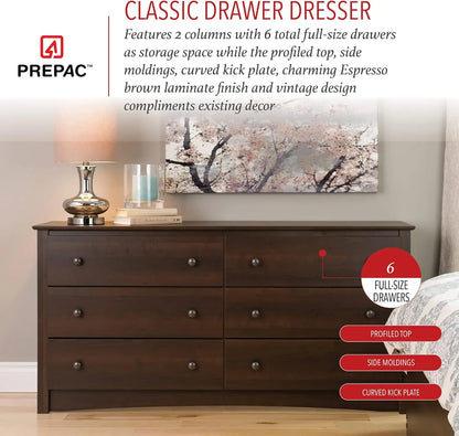 Fremont Bedroom Furniture: Espresso Double Dresser for Bedroom, 6-Drawer Wide Chest of Drawers, Traditional Bedroom Dresser