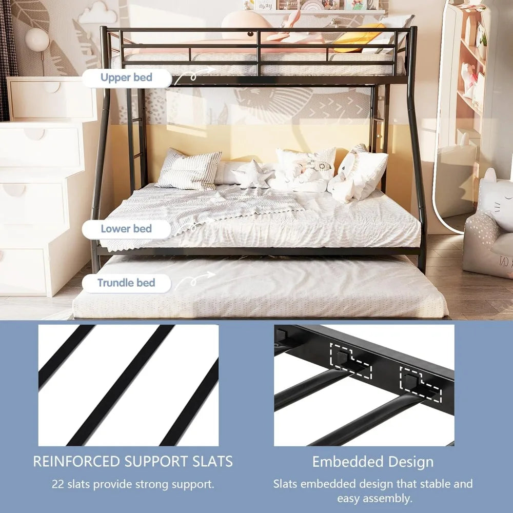 Metal Bunk Twin Over Full, Loft Bed with 2 Secured Ladders, Trundle Bed Twin with Daybed, Space-Saving Bed Frame with Safety