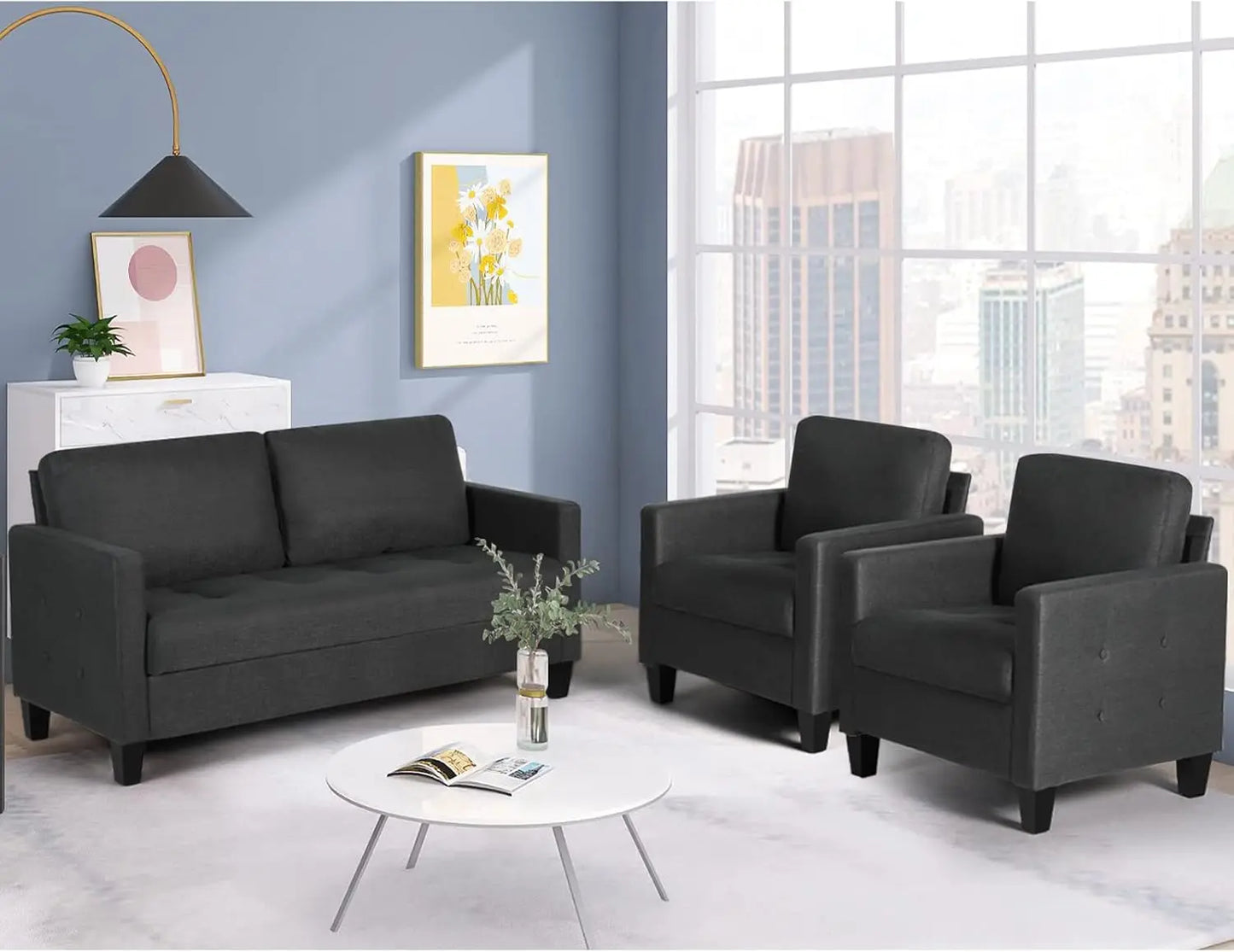 Fabric Loveseat and Chairs Set, Upholstered Sofa Couch with 2 USB Charging Ports, Sofa Sets Apartment 3 Piece