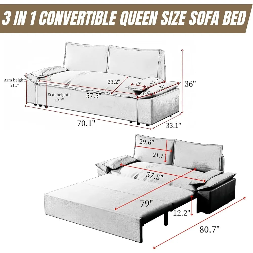 3-in-1 Convertible Queen Bed Multifunctional Sofa Bed Comfortable Pull-out Futon Sofa Bed 70.1" Modern Velvet Chaise Long