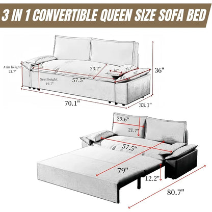 Sofá cama convertible 3 en 1 multifuncional, cómodo sofá cama extraíble de 70,1 pulgadas, moderno sofá cama tipo futón de terciopelo