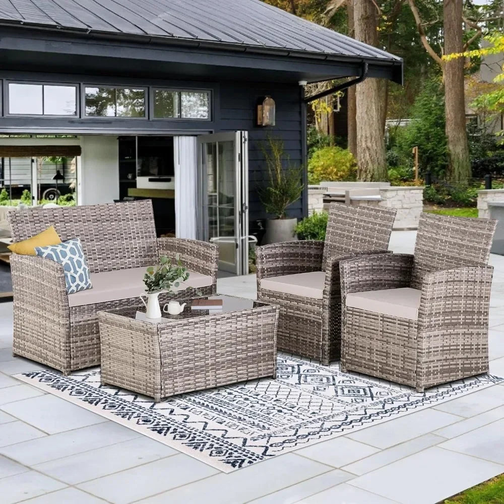 Ensemble de meubles de patio 4 pièces, ensembles de conversation en osier pour l'extérieur, canapé sectionnel en rotin avec table basse, pour jardin, bord de piscine