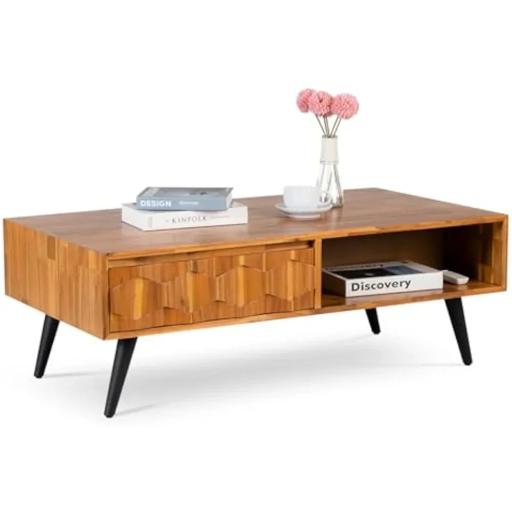 Georgina Solid Wood Coffee Tables for Living Room,Coffee Table Mid Century Modern with 2 Symmetrical Storage Drawers & Geometric