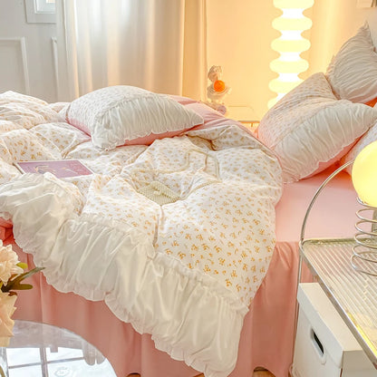 Ins Style Pink Floral Bedding Set Single Twin Size Pastoral Girls Duvet Cover No Filling Flat Sheet Pillowcases Cute Bed Linens