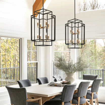 8-Lights Lantern Tiered Pendant Light Fixtures Industrial Farmhouse Hanging Chandelier Lamp for Foyer Living Room Island Kitchen