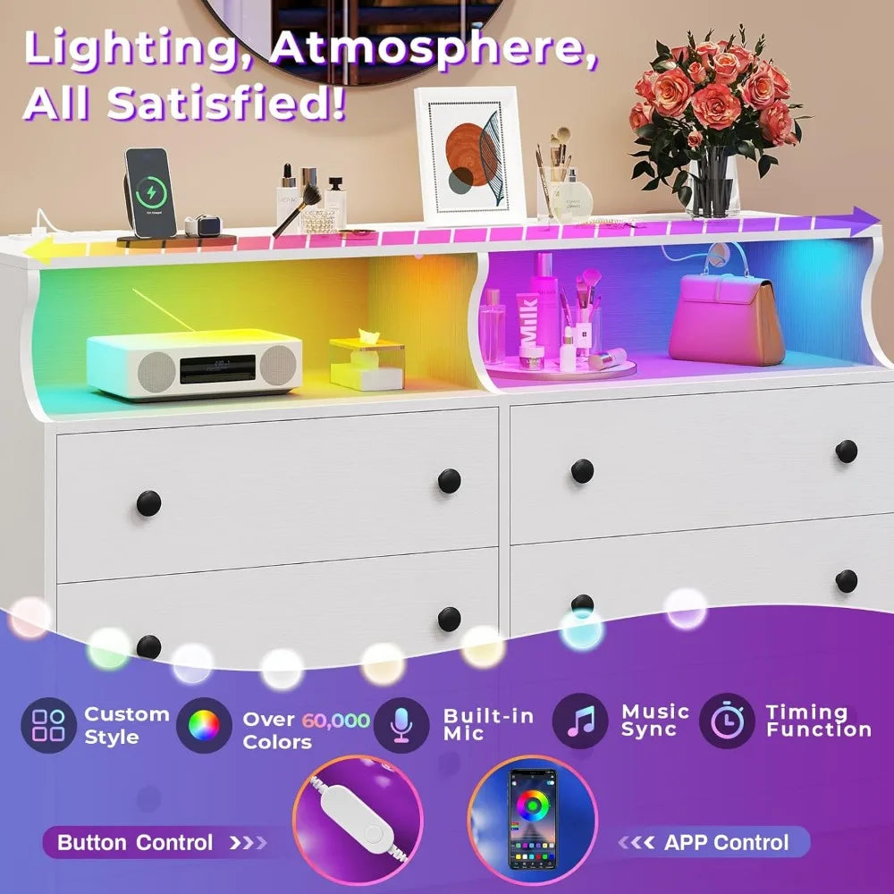 Cómoda de 6 cajones con luces LED y estación de carga, cómoda amplia con espacio abierto, gabinete de almacenamiento moderno de gran capacidad, color blanco