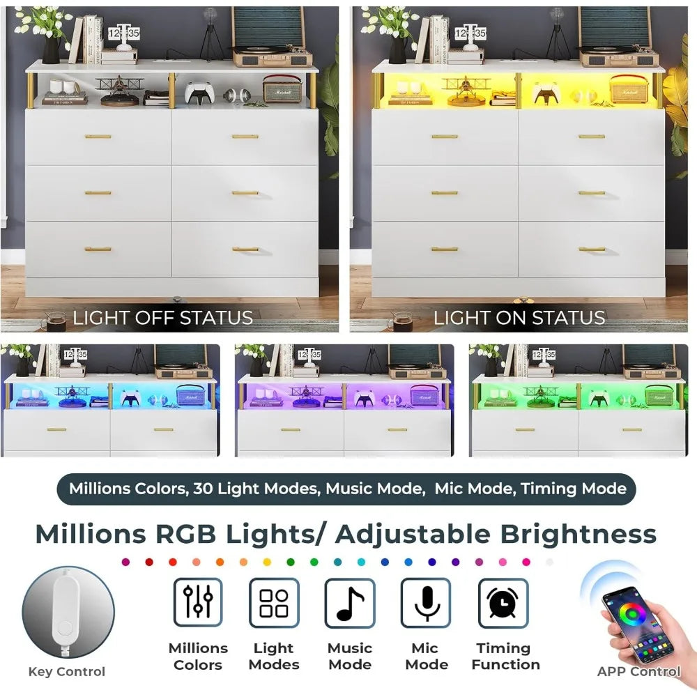 White Dresser for Bedroom with 6 Drawers, Dressers & Chests of Drawers with Column Design & Charging Station, Led Wide Dresser