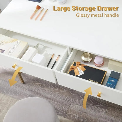 Vanity Desk with Drawers 47 inch Computer  Modern Simple Home Office Desks, Makeup Dressing Table for Bedroom - White and Gold