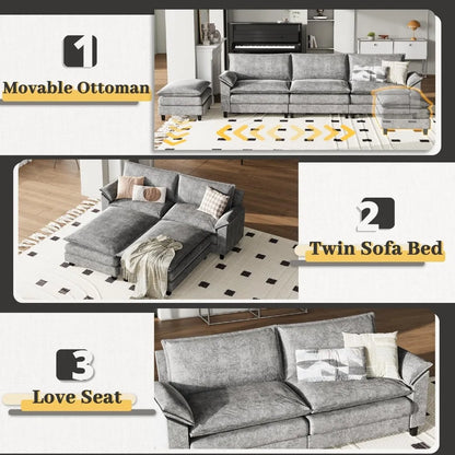 Modular Sectional Sofa Couch,U Shaped Sofa Couch with 2 Ottoman, 4-Seat Sectional Sofa Couches for Living Room, Apartment(Grey)