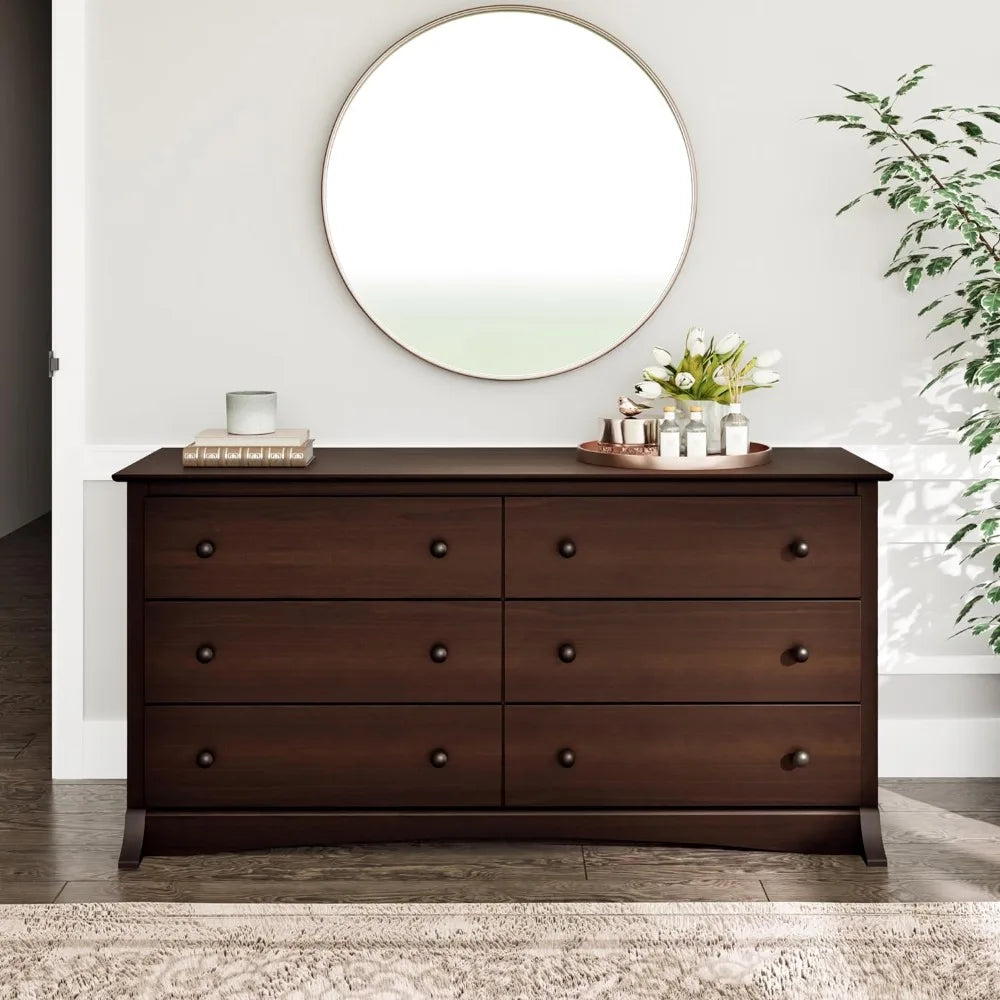 Fremont Bedroom Furniture: Espresso Double Dresser for Bedroom, 6-Drawer Wide Chest of Drawers, Traditional Bedroom Dresser