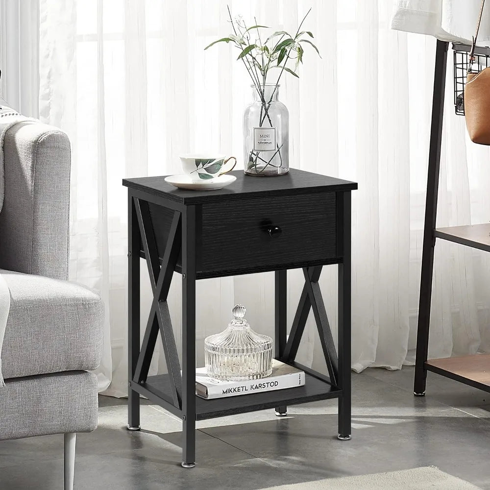 Nightstand, Modern Bedside End Table Set of 2, Night Stand with Drawer and Storage Shelf for Living Room Bedroom