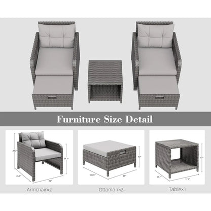 Juego de muebles de jardín de 5 piezas, sillones de ratán de mimbre con cojines suaves, 2 otomanas y mesa de vidrio, juego de conversación para patio