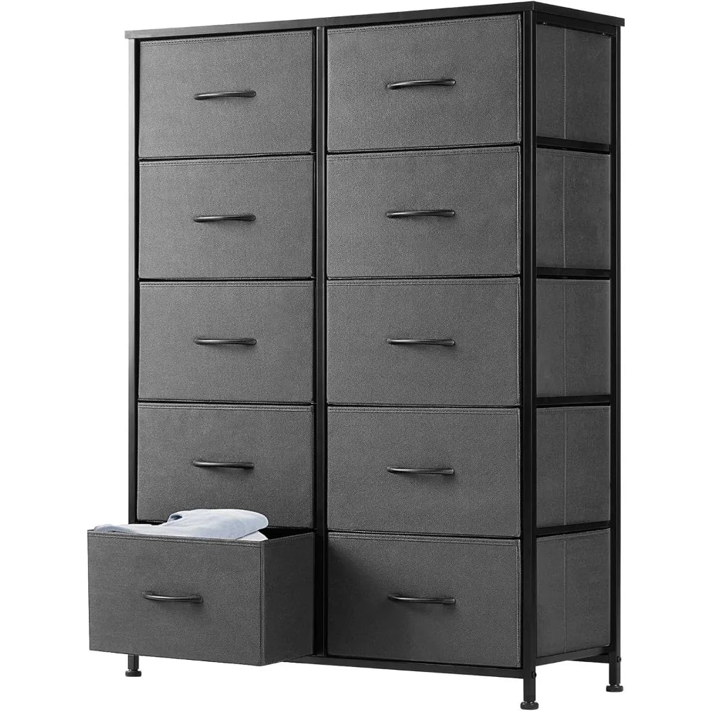 Cómoda para dormitorio con cajones de almacenamiento, torre de almacenamiento de tela con 10 cajones, cómoda y contenedores de tela, estructura de metal resistente