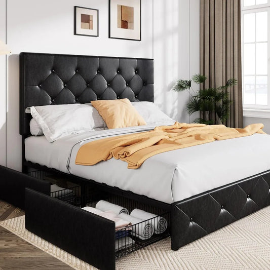 Bed Frame Upholstered Full-size Platform Beds Frames With 4 Storage Drawers And Headboard With Mattress Black Bed Frame