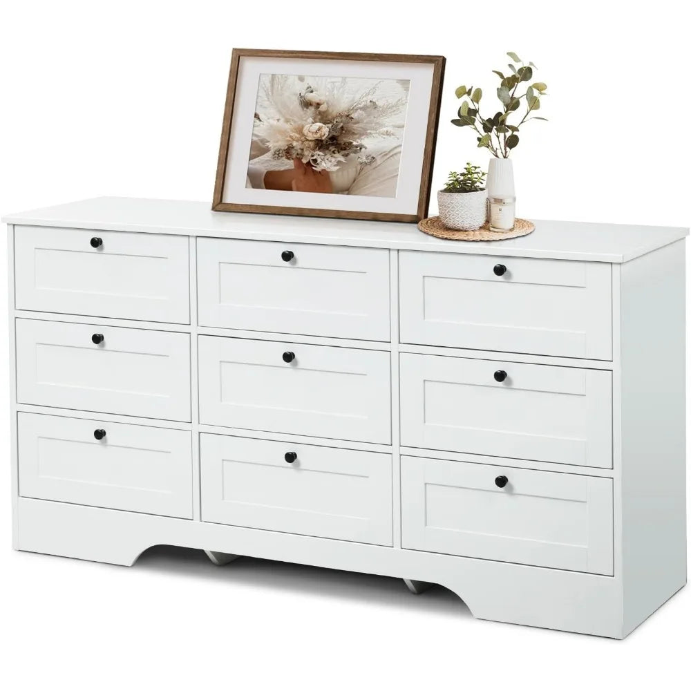 9 Drawer Dresser, White Long Dresser for Bedroom, Modern Wood Wide Dresser, Large Storage Chest of Drawers for Living Room