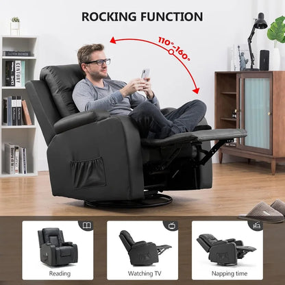 Leather Recliner Chair Rocker with Heated Massage Ergonomic Lounge 360 Degree Swivel Single Sofa Seat Drink Holders Living Room