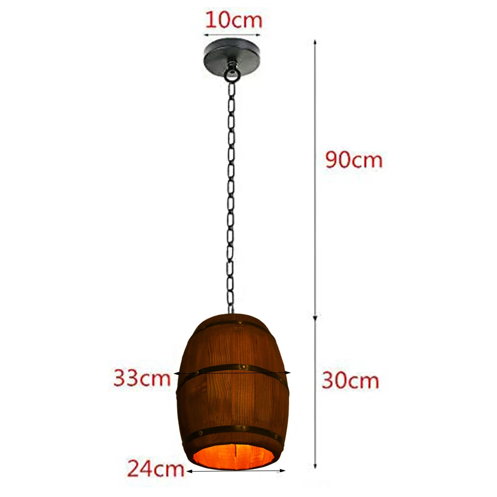 Lampe suspendue rétro E26 en forme de tonneau de vin en bois pour bars, cafés et salon avec une chaîne réglable de 90 cm