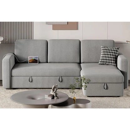 Sectional Sofa L-Shaped Sofa Couch Bed w/Chaise & USB, Reversible Couch Sleeper w/Pull Out Bed & Storage Space, Pull Out Couch