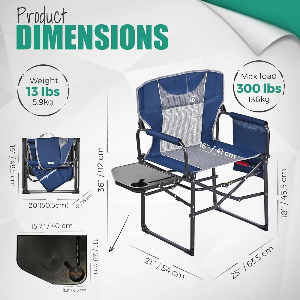 Lot de 2 chaises de camping surdimensionnées, chaises de jardin pliantes portables pour adultes, très résistantes avec table d'appoint, chaises de camping pliables