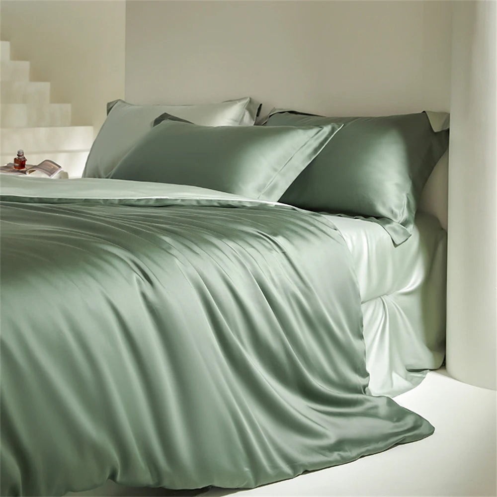 Juego de cama Lanlika Double Green Nature 100 % seda, edredón sedoso, funda de edredón, sábana plana, juego de ropa de cama tamaño queen y king, funda de almohada