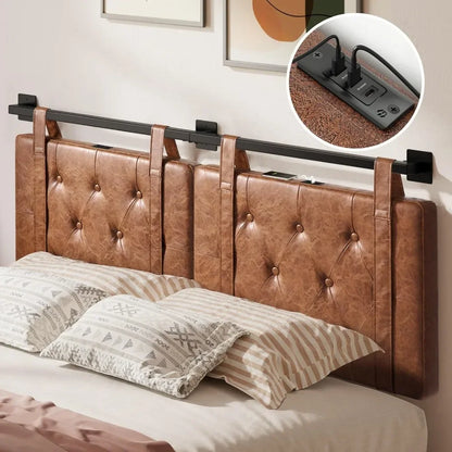 Tête de lit king size avec USB, tête de lit en cuir PU uniquement, têtes de lit suspendues marron